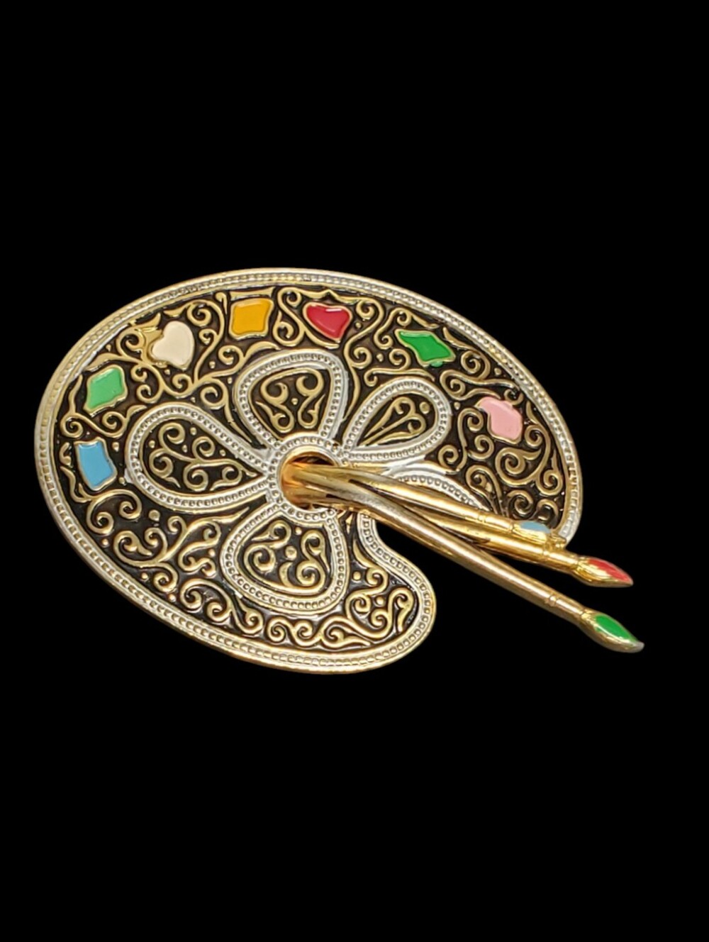 Vintage Gold Spanish Damascene Brooch Paint Palate